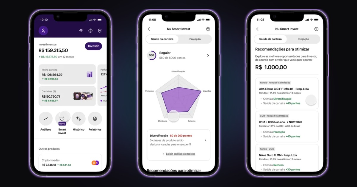 Telas do aplicativo Nu Smart Invest mostrando o acesso à ferramenta, o gráfico de cinco pilares com nota 560 de 1.000 pontos e as recomendações de otimização